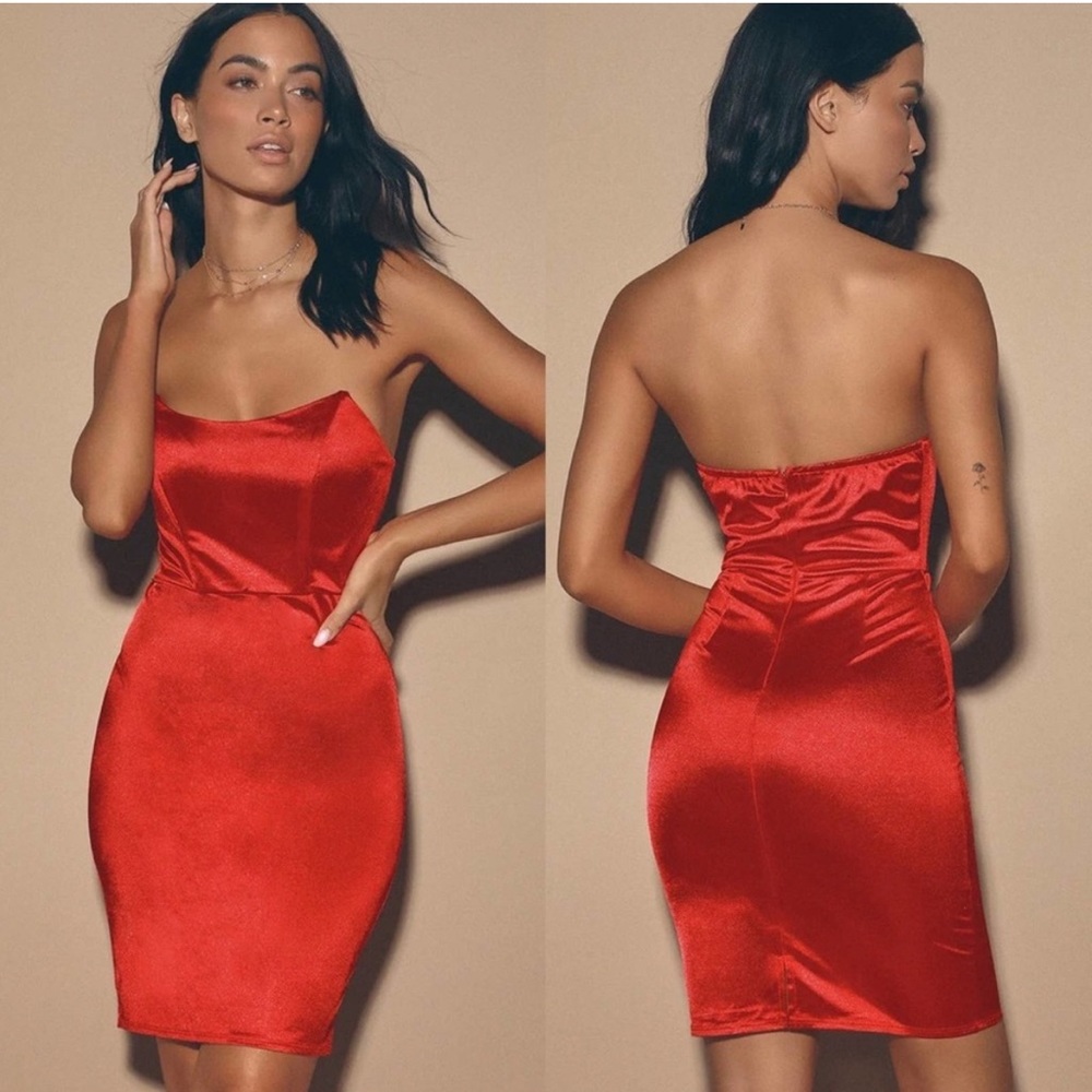 LULU’S Strapless Red Satin Mini Dress
